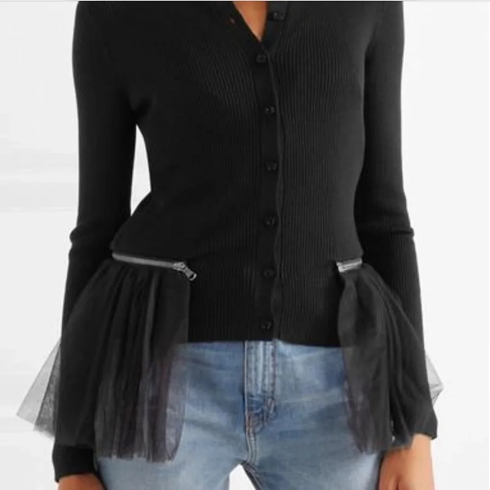 Moschino Couture Black Cardigan Sweater Jacket with Detachable Mesh Ruffled Hem